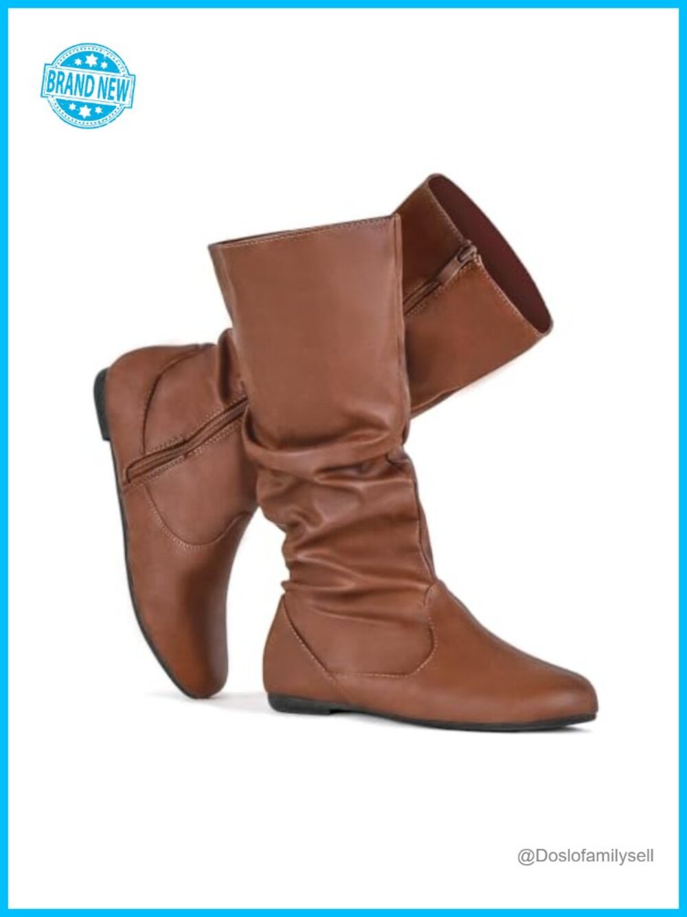 Slouchy Mid Calf Boots Faux Leather Zip Up Flat Snow Boots